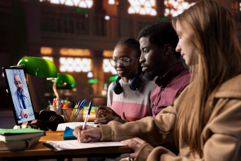 Diverse academic scholars in a library join a video call with a medic tutor, enhancing their knowledge of science, treatment methods and telemedicine. Students learn about medical practice lessons.